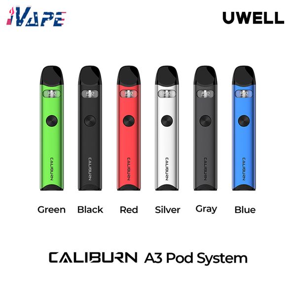 Kit de système de pod d'origine UWELL CALIBURN A3 520mAh 13W avec cartouche de pod rechargeable Caliburn-A3 de 2ML FeCrAl Meshed 1.0ohm Vaporisateur E-cigarette Vape Kit