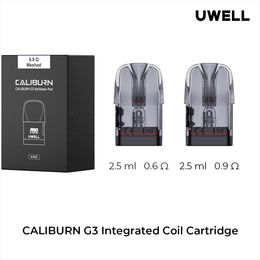 Originele Uwell Caliburn G3 geïntegreerde spoelcartridge 2,5 ml zijvulling 2 ml 1,2 ohm/0,6 ohm/0,9 ohm voor Caliburn G3 podkit vaporizer e-sigaret 4 stks/pak