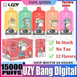 Original UZY Bang DIgital 15000 Puff 15000 cigarettes électroniques jetables 1.2ohm Mesh Coil 20ml Pod Batterie rechargeable électronique Cigs Puff 15K 0% 2% 3% 5% Vape Pen 850 mah