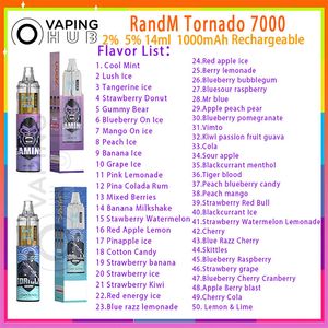 Original RandM Tornado 7000 Puff jetable Vape Pen Cigarettes électroniques 14 ml Pod Mesh Coil 6 couleurs lumineuses rechargeable dispositif réglable en air Puffs 7000 Vape