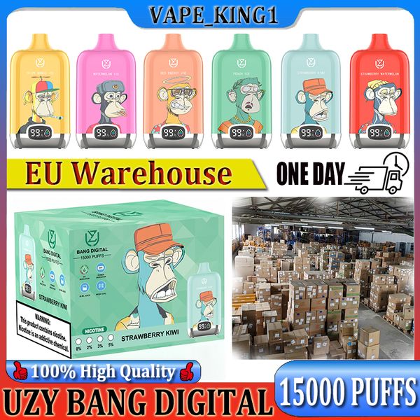 Europe Warehouse Original Uzy Bang Digital 15000 Puff 15000 Desechable E CIRDETES MESH BOBIERA 20ML POD BATERÍA RECARGABLE CIGS ELECTRÓNICO Puff 15k Vaper 15K