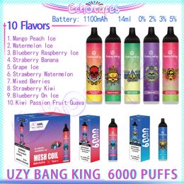 Original UZY Bang King 6000 Puff jetables E cigarettes 14 ml Pod batterie rechargeable électronique Cigs Puff 6000 0% 2% 3% 5% Kit de stylo Vape