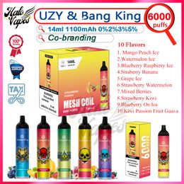 Originele UZY Bang King 6000 Puff wegwerpvape-pen 14 ml voorgevulde peulen 850 mAh oplaadbare batterij Nieuwe verpakking 10 smaken 0% 2% 3% 5% niveau-rookwolken 6k elektronische sigaret