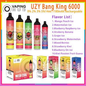 Original UZY Bang King 6000 Puff jetables E cigarettes 0.8ohm maille bobine 14 ml Pod batterie rechargeable électronique Cigs Puff 6K 0% 2% 3% 5% Vape jetable