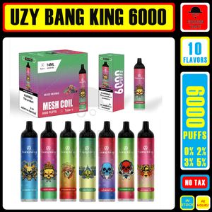 Original UZY Bang King 6000 Puff Jetable E Cigarettes 0.8ohm Mesh Coil 14ml Pod Batterie Rechargeable Électronique Cigs Puff 6K 0% 2% 3% 5% Vape Pen Kit 10 saveurs en stock
