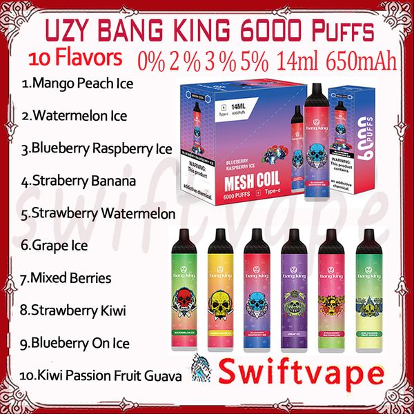 Original UZY BANG KING 6000 Puff Jetable E Cigarette 1100mAh Batterie Rechargeable 10 Saveurs 14ml 0% 2% 3% 5% RGB Glow 6k Puffs Vapes Pen Starter Kit Authentique En Gros