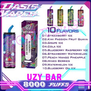 Originele UZY Bar 8000 Bladerdeeg Wegwerp E-sigaretten 1,2 ohm Mesh Coil 18 ml Pod Batterij Oplaadbare elektronische sigaretten Bladerdeeg 10K 0% 2% 3% 5% RBG Light Vape Pen Kit