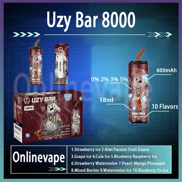 Original UZY Bar 8000 Puff jetables E cigarettes 16ml Pod batterie rechargeable électronique Cigs Puff 8K 0% 2% 3% 5% Vape Pen