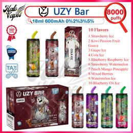 Bar Uzy Original 8000 Vapes jetables bouffantes Pen 18 ml POD PRÉFILET 600mAh Bobine de maille de batterie rechargeable 10 saveurs en stock Puffs 8k E Cigarette