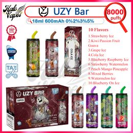 Original UZY Bar 8000 Puff Vapes jetables Pen 0% 2% 3% 5% Force 18ml Pod pré-rempli 600mAh Batterie rechargeable Mesh Coil Puffs 8k E Cigarette 10 Saveurs en stock