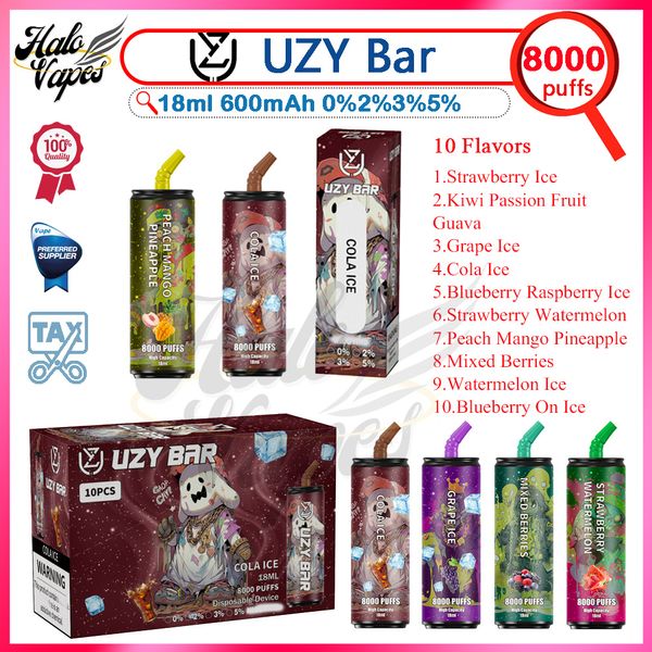 Original UZY Bar 8000 Puff Vapes jetables Pen 0% 2% 3% 5% Force 18ml Pod pré-rempli 600mAh Batterie rechargeable Mesh Coil Puffs 8k E Cigarette 10 Saveurs en stock