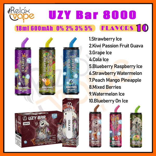 Original UZY Bar 8000 Puff Vapes Pen 14ml Pod Batería Cartuchos recargables Pod Mesh Coil Vaporizadores Puff 8K 0% 2% 3% 5% Cigarrillos electrónicos desechables VS Bang King 8K