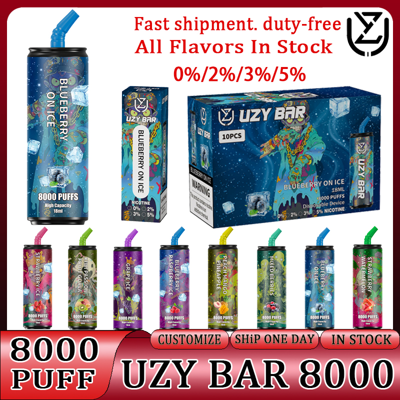 Original UZY BAR 8000 Puffs 800 E-cigarros descartáveis Recarregável Vape Pen Device 8k Puff 8000 1100mAh 14ml Cartuchos pod Mesh Coil Vaporizadores com cordão 0% 2% 3% 5%