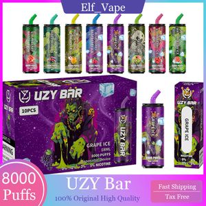 Bar Uzy Original 8000 Puffs Dispostable Electronic Cigarette Vape Pen 13 ml 650mAh Batterie rechargeable Type C Moil C Faul 10 FLAVORS 0% 2% 3% 5% Disponible 8K Pouffle