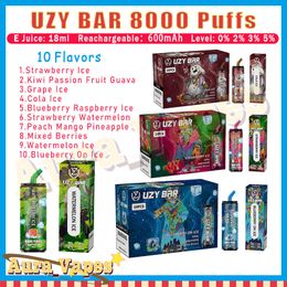 Оригинальный UZY BAR 8000 Puffs Одноразовая ручка для вейпа 18 мл Предварительно заполненный Pod Mesh Coil Puffs 8000 E Сигарета Перезаряжаемая Кондиционер 0% 2% 3% 5%