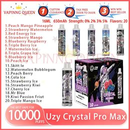 Original UZY Crystal Pro Max 10000 Puff 0% 2% 3% 5% Stylo Vape jetable avec batterie rechargeable Contrôle du flux d'air Bobine de maille 16 ml Pod prérempli 10K Puffs Big Vapo