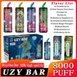 Original UZY BAR 8000 Puff 8000 Puffs 8K cigarettes électroniques jetables caractéristiques bobine de maille 1.2ohm 14ml stylo vapes jetables 0/2/3/5% rechargeable 1100 mAh VS Kulx