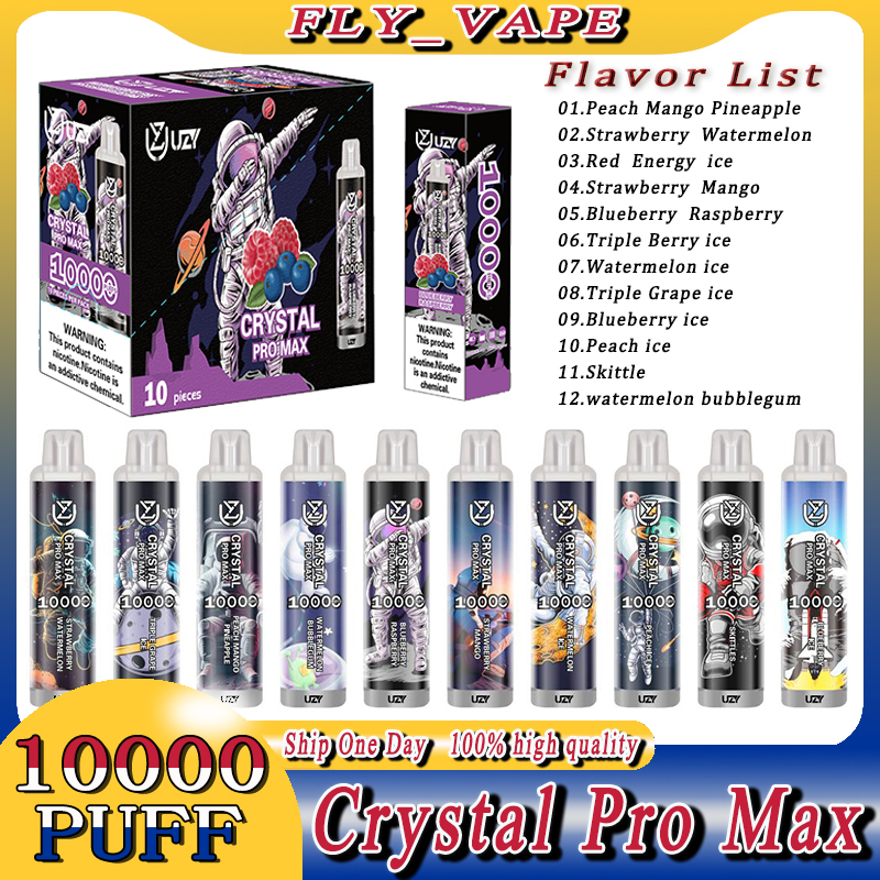Оригинальные электронные сигареты UZY Crystal Pro Max 10000 Puff 10000, одноразовые электронные сигареты, 1,2 Ом, сетчатая катушка, 16 мл, аккумуляторная батарея, перезаряжаемая затяжка, 10K 0% 2% 3% 5% Vape Pen