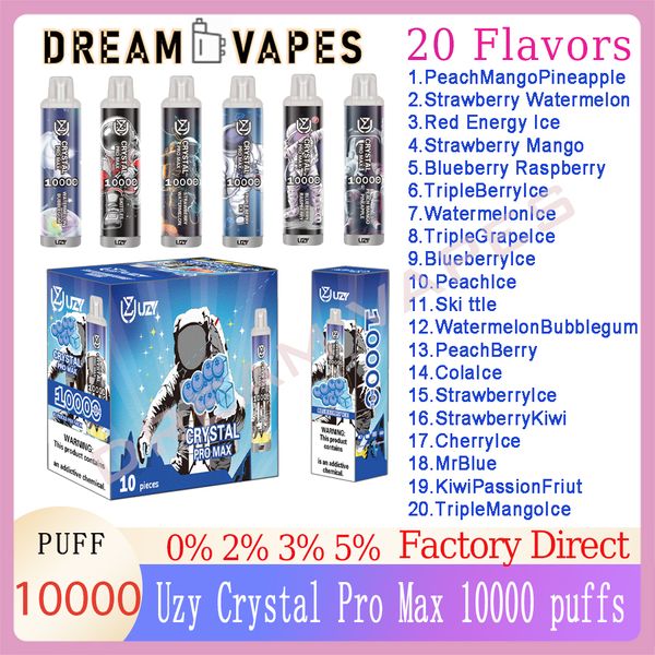 Original UZY Crystal Pro Max 10000 bouffées de cigarettes électroniques jetables 1.2ohm bobine de maille 16 ml Pod stylo vape rechargeable 10K bouffées 0% 2% 3% 5% lumière RVB 20 saveurs en choc