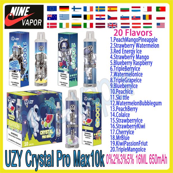 Original UZY Crystal Pro Max 10000 Puff Cigarettes E jetables 1.2ohm Bobine de maille 16 ml Pod Batterie rechargeable Cigs électroniques Puff 10K 0% 2% 3% 5% RBG Light Vapes