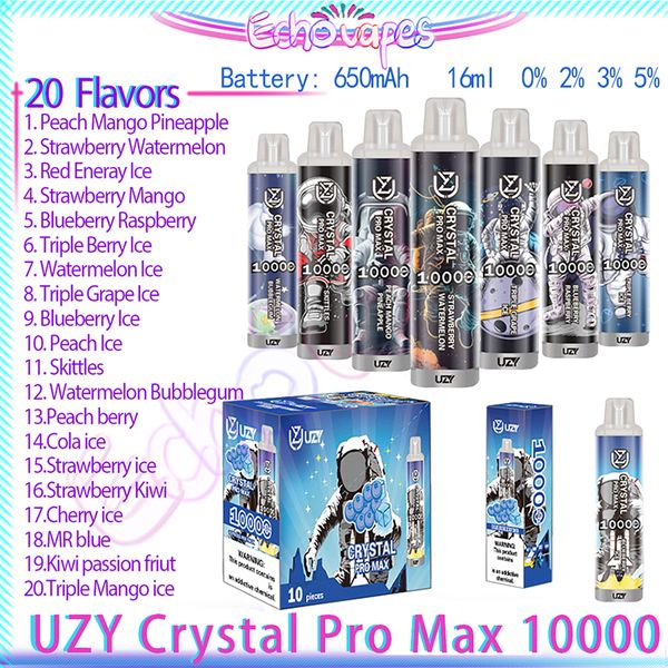 Original UZY Crystal Pro Max 10000 Puff Vape desechable Pluma 1.2ohm Bobina de malla 16 ml Pod 650 mAh Batería recargable Cigarrillos electrónicos Puffs 10K 0% 2% 3% 5% RBG Light Vapes