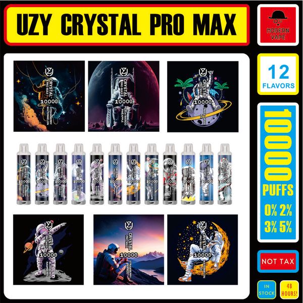 Original UZY Crystal Pro Max 10000 Puff Cigarettes E jetables 1.2ohm Bobine de maille 16 ml Pod Batterie rechargeable Cigs électroniques RBG Light Vape Pen 12 saveurs en stock