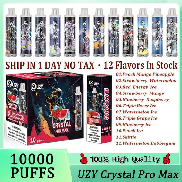 Original UZY Crystal Pro Max 10000 Puff Cigarrillos electrónicos desechables 1.2ohm Bobina de malla 16 ml Pod Batería Recargable Cigarrillos electrónicos Puff 10K 0% 2% 3% 5% RBG Luz Envío rápido