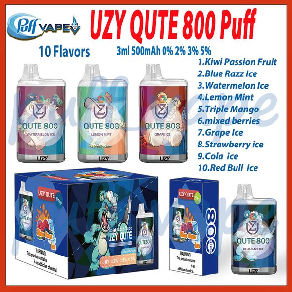Cigarettes Uzy Qute 800 Puff Disposables E 1,2 ohm Coil Mesh 3 ml POD 500mAh Batterie Cigs électroniques 10 FLAVORS 0% 2% 3% 5% Puffes de niveau 800 Vape Pen Kit