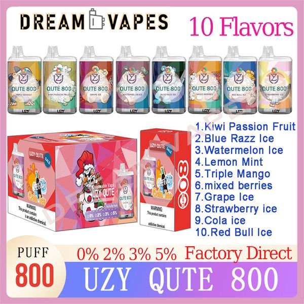 Original UZY Qute 800 Puff Cigarrillos electrónicos desechables Pod 1.2ohm Bobina de malla 3 ml Pod 550 mAh Batería RGB Light Vape Pen Puff Plus 800 0% 2% 3% 5% Kit