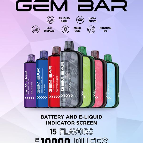 Original Vaapod GEM BAR 10000 bouffées Stylo vape jetable LED Affichage plein écran Bobine de maille E-Cigarette Vapeur Pod Dispositif 20 ml E-liquide 15 Flaovrs en stocks Puff 10K 20K