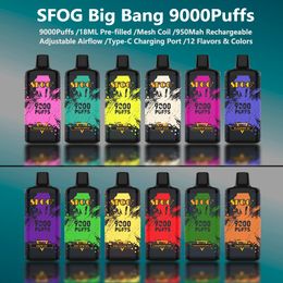 Originele Vape Wegwerp Bladerdeeg 9k SFOG BIG BANG 9000 Rookwolken E-sigaret Mesh Coil Wegwerp Vape Box 18ML Pods 12 Smaken Oplaadbare Luchtstroom Verstelbare Damp Pen