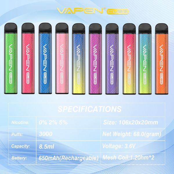 Kit de démarrage d'origine Vapen Cube jetable Vape E cigarettes 3000 Puffs Pen Pod prérempli 1000mah Batterie 0% 2% 5% Vaporisateurs EU vente en gros AUCUN besoin de charge Meilleur goût Vapes