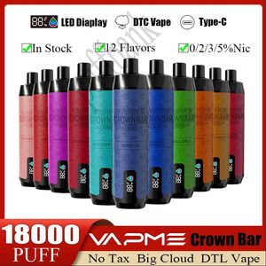 Barre de couronne VapMe d'origine 18000 Puffs E-cigarette jetable 12 saveurs 600mAh Batterie rechargeable 25 ml