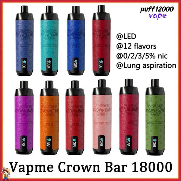 Barra de corona vapme original 18000 bocanadas desechables cigarrillos electrónicos 12 sabores bocanado de 18k vaper batería recargable de cápsula de avión de cápsula control de flujo de aire vs al fakher crown bar 8000