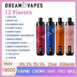 VapMe Crown Bar Pro Max 18000 Puffs Puffs Disposable Vape 25ml Cigarette E rechargeable 0% 2% 3% 5% 12 FLAVORS DANS