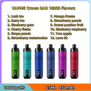 VapMe Crown Bar Shisha 18000 18K Puff 18000 18K Écran numérique intelligent rechargeable Affichage Disposable E Cigarette Mesh Coil Vape Vape With 25ml 600mAh Le cuir