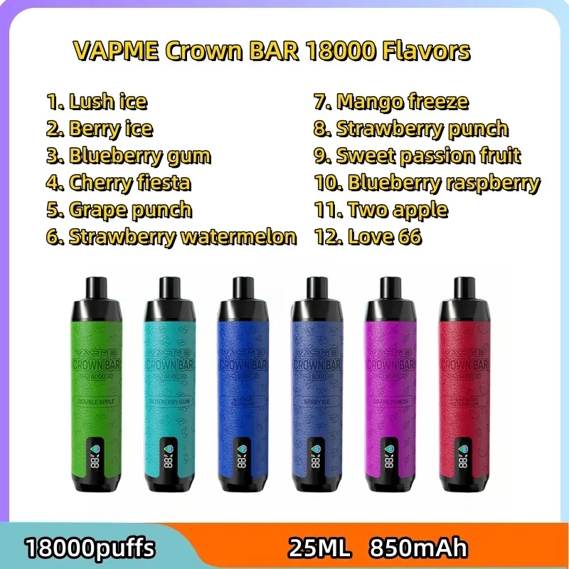 Originele VapMe Crown Bar Shisha 18000 18K Puff 18000 18K Oplaadbare slimme digitale schermweergave Wegwerp E Sigaretten Mesh Coil Vape Pen met 25 ml 600 mAh leer