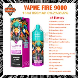 VapMe Fire 9000 Puffs Vape jetable 18 saveurs 15 ml Dispositif préfabillé 850mAh Type-C Battre de batterie rechargeable Bobine 9k E Cigarettes
