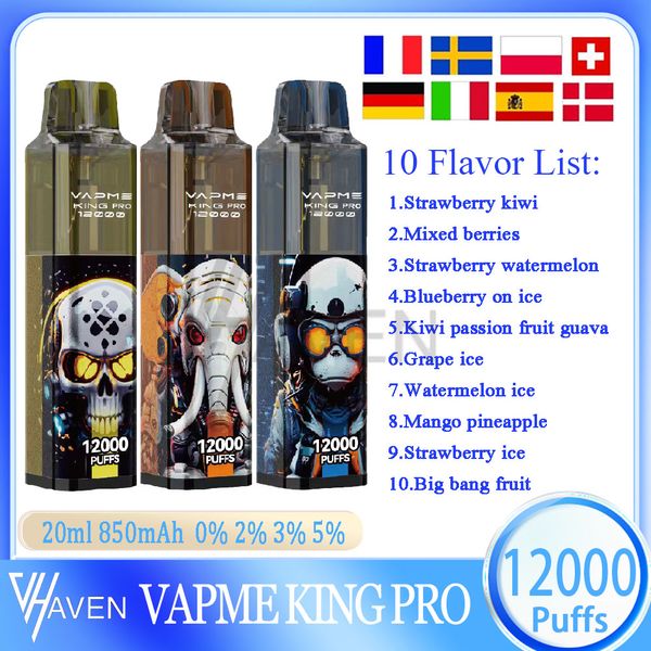 VAPME KING PRO 12000 POUR VAPE DIPOSIBLE PUMABLE 20ML COBLE MAISE POD PREFILET 850mAh Batterie rechargeable 0% 2% 3% 5% Puffes