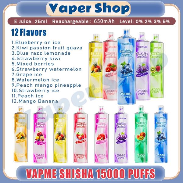 Original VAPME SHISHA 15000 Puff jetable Vape Pen 25ml Pod Mesh Coil 650mAh Batterie Dispositif Gros Vape Puffs 15000 Cigarette électronique