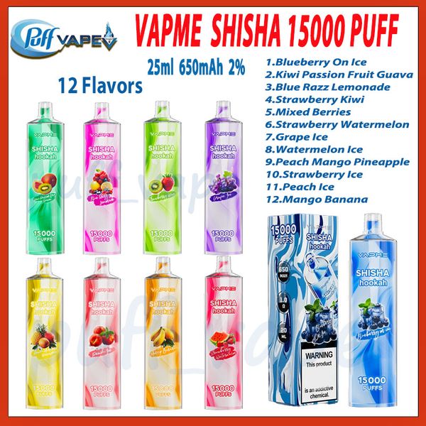 VAPME SHISHA – cigarettes électroniques originales, 15000 bouffées, 2%, 25ml, dosette pré-remplie, batterie 650mAh, 12 saveurs, stylo vape jetable, bouffées 15k