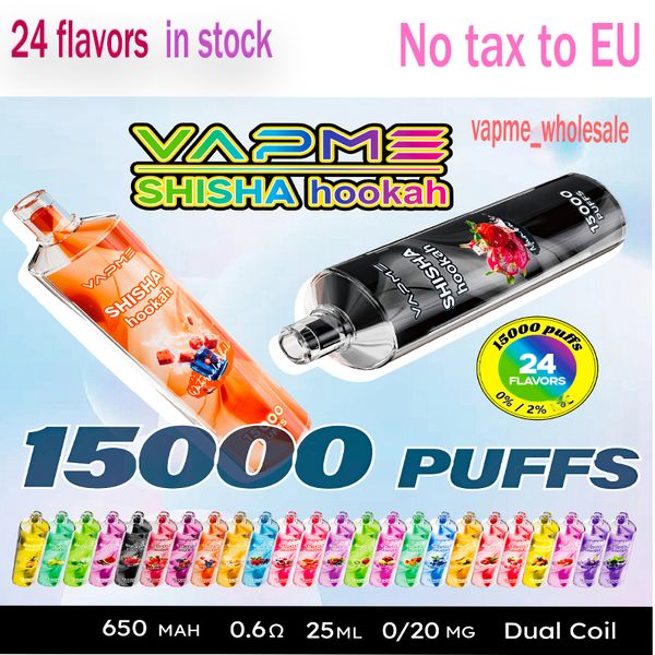 Original VAPME SHISHA 15000 Puffs E-cigarettes jetables 24 couleurs 650 mAh Batterie rechargeable 24 ml Pod prérempli Big Kit de vapeur Contrôle du flux d'air VS JNR 12000