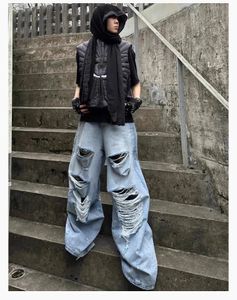 Originele Vetements wijde pijpen voor gescheurde losse broeken, gewassen blauwe uitlopende heren hiphop causale jeans