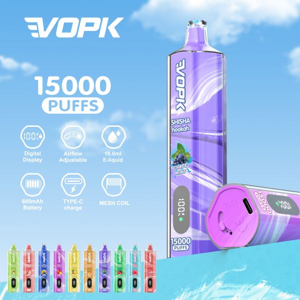 Original VOPK Hookah 15000 Puffs Vape jetable 24 ml Prérempli Vape Mesh Coil Shisha Bar Style Détachable Fond Réglable Airflow Pod Dispositif E Cigarettes