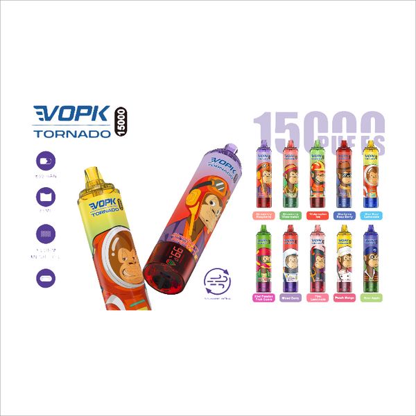 VOPK Tornado 15000 Vapes Vapes Disposables Pen 15k Puff Vape Vape Fumot 25ml Cartouches préfabillées POD 850MAH Batterie rechargeable Couleur de lumière LED Tornado 15K