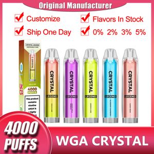 Original WGA Crystal Legend Pro 4000 Puffs Cigarettes E jetables 1350mAh Batterie 2% Capacité 10 ml Stylo Vape supplémentaire 100% Vapeurs de qualité Kit de gros 27 Saveurs