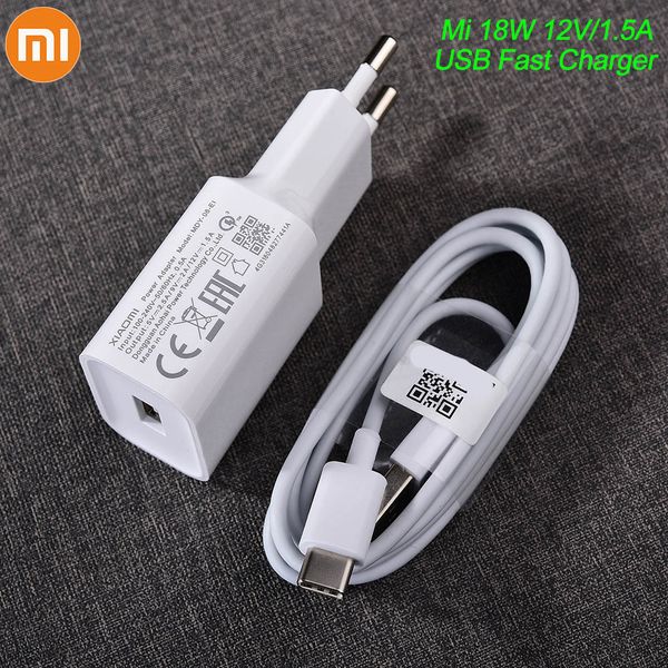 Chargeur USB d'origine Xiaomi 08-EI 18W EU Adaptateur USB 3.0 5v 9v 12v TYPE C Câble de données pour Mi 5 6 8 9 Redmi Note 7 8 Pro F1 A2 A3 Lite
