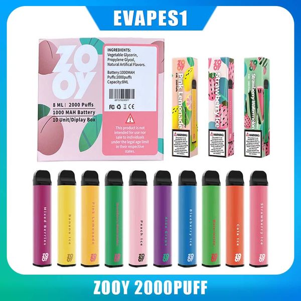 Original ZOOY XXL 2000 bouffées Dispositif Cigarettes électroniques jetables Vape Pen 950mAh Batterie 2% 5% Pods 8 ml Kit de vapeurs préremplies Livraison 24 Saveurs VS BANG VAPME