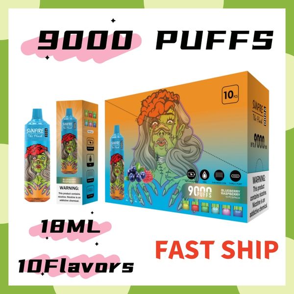 Original Sunfire 9000 Puff 9k Puff 12000 Sigarette Elettroniche Lighting Vape USA E Getta 0% 2% 3% 5% 18 ml Pod Preriempito 600mAh Batteria Ricaricabile Verceau Puff 10K