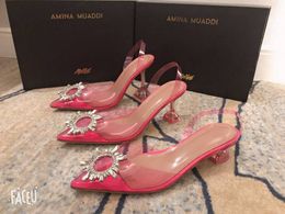 [Boîte originale] Mode de luxe Amina Muaddi Femmes Dames Sandales à talons hauts Fleur Diamant Fête Véritable Cuir Designer Plate-forme Chaussures Taille 35-42